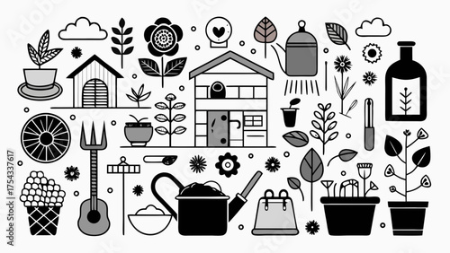 Doodle gardening elements vector illustration scalable line art icon set garden tools house plants