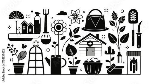 Vector garden illustration silhouette line art icons for scalable design projects