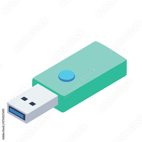 Modern isometric view of a teal usb flash drive with a blue button on a white background