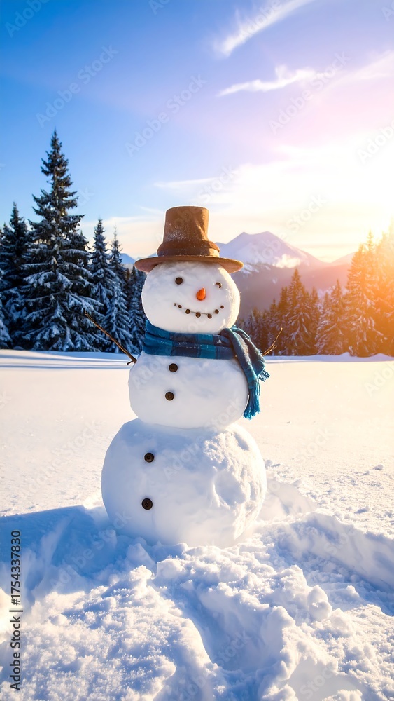 Obraz premium Snowman in snowy landscape at sunset