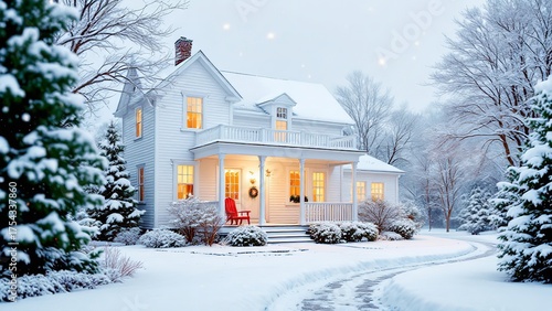 Cozy white farmhouse decorated for christmas in a snowy winter landscape with warm lights