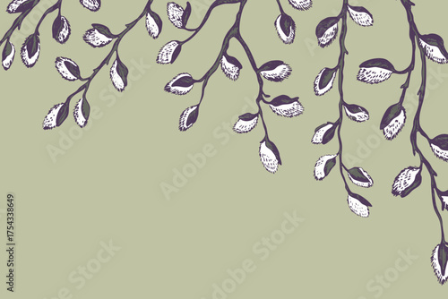 Easter spring frame, border with sprigs of willow. Template hand drawn design for banner, poster, card, paper. Holiday print. Branch with pussy willow buds. Vector illustration background.