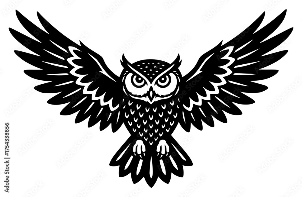 Fototapeta premium Flying Owl with Spread Wings Vector Illustration, Bird, Nocturnal, Wisdom, Predator, Mascot
