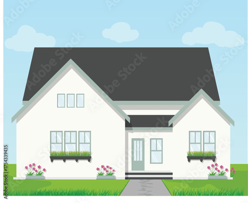Bild auf Leinwand Clean Scandinavian house facade with pitched gable roof, bright white walls, front lawn, and soft blue sky