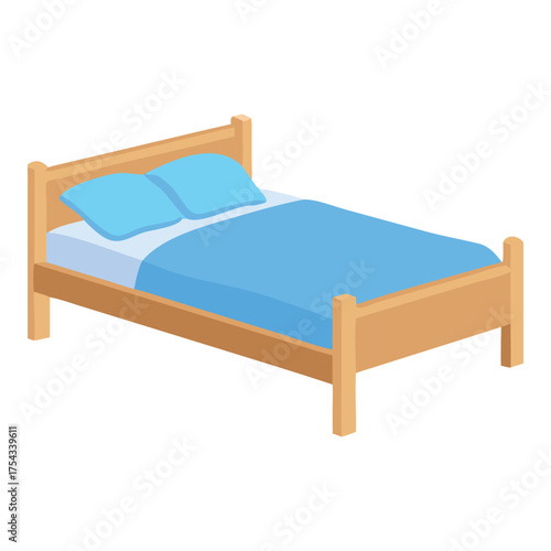 Simple wooden bed frame with blue bedding and pillows on a white background