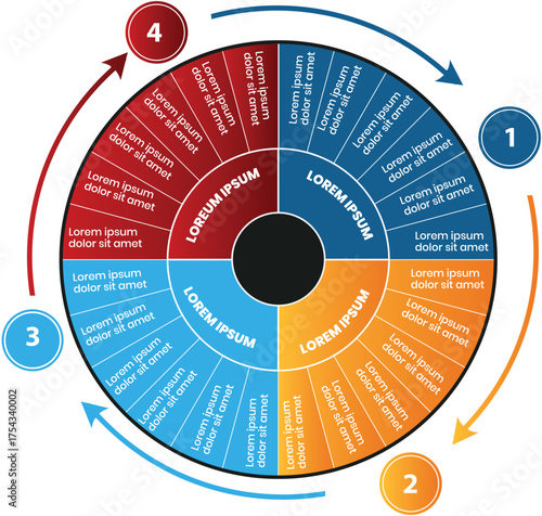 Collection of vector circle chart infographic templates for presentations, advertising, layouts, annual reports. 4 options, steps, parts	