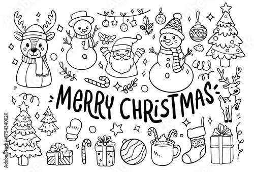 Merry Christmas and winter season doodle element vector. Set of bauble ball, santa, snowman, bell, tree, candle, holly, gift, cup, sock, candy cane. Merry Christmas Doodle collection.