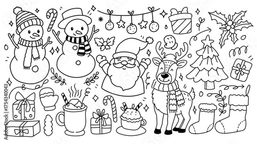Merry Christmas and winter season doodle element vector. Set of bauble ball, santa, snowman, bell, tree, candle, holly, gift, cup, sock, candy cane. Merry Christmas Doodle collection.