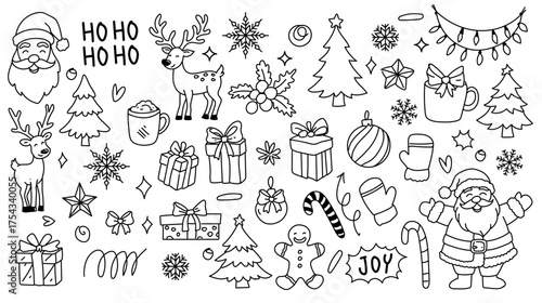 Christmas drawn holly line decor, pine branch, snowflake background. Hand drawn doodle sketch holly floral, christmas tree leaves, winter pine. Christmas Holiday ornament sketch doodle.