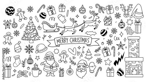 Merry Christmas and winter season doodle element vector. Set of bauble ball, santa, snowman, bell, tree, candle, holly, gift, cup, sock, candy cane. Merry Christmas Doodle collection.Print