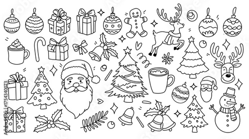 Christmas drawn holly line decor, pine branch, snowflake background. Hand drawn doodle sketch holly floral, christmas tree leaves, winter pine. Christmas Holiday ornament sketch doodle.