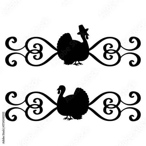 Turkey logo. Silueta de pavo y de pavo con sombrero de peregrino con filigrana caligráfica. Logo para el Día de Acción de Gracias con florituras