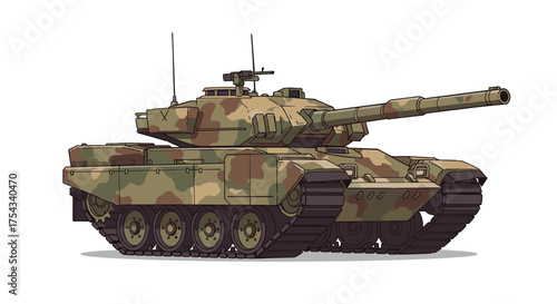 Modern military armored vehicle with powerful cannon and camouflage pattern, ready for strategic ground combat and defense operations, detailed illustration