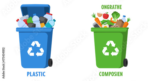 Two Recycling Bins: Plastic and Compostable Waste Management Illustration.