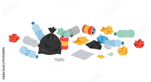 Scattered Waste: Plastic Bottles Cans and Crumpled Paper.