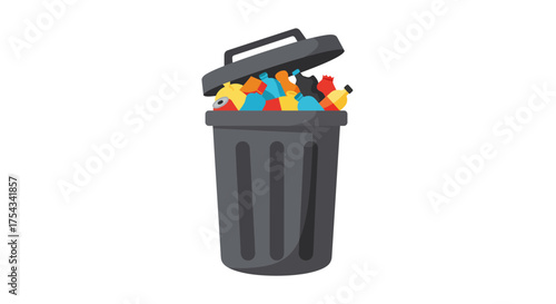 Overflowing Gray Trash Can with Colorful Waste and Open Lid.