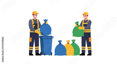 Sanitation Workers Collecting Trash Bags and Emptying into a Blue Trash Can.