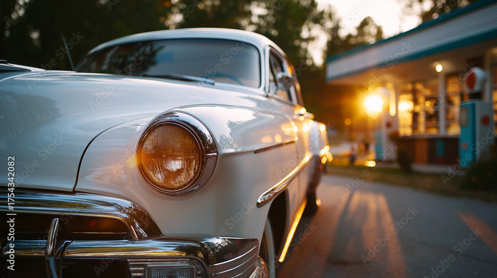 Fototapeta premium Vintage car parked beside old gas station at sunset, chrome details gleaming, nostalgia road trip, retro automotive design, freedom and heritage, cinematic travel vibe, timeless el