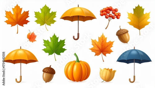 Autumn. Maple leaf, oak, poplar, physalis, acorn, rowan, pumpkin, umbrella. 3d vector