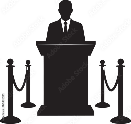 Silhouette of a speaker at a podium with stanchions - formal public address