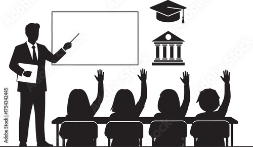 Engaging classroom scene with teacher and students raising hands - foundational education and learning.