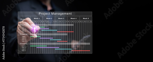 A businessman using a virtual Gantt chart interface for project management, planning, and scheduling tasks to improve productivity and workflow efficiency in business environment.