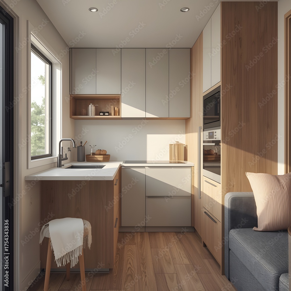 Fototapeta premium Tiny house kitchen with foldable counter and innovative smart storage design