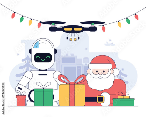 Santa claus and robot delivering gifts with drone and christmas lights
