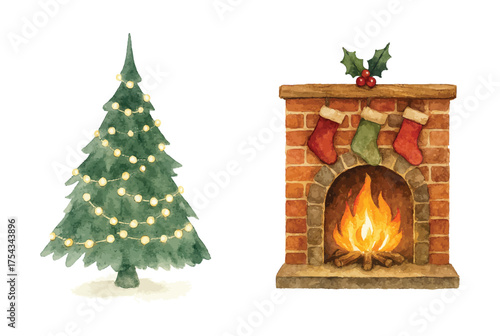 Watercolor Christmas Scene with Decorated Tree and Fireplace, Festive Holiday Illustration
