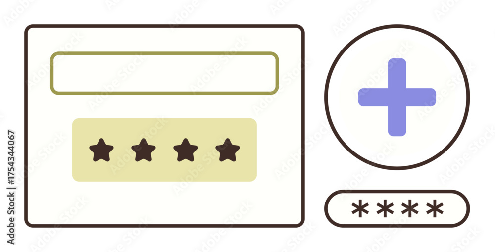 Obraz premium Rating system with four stars, text input field, blue add sign in circle, and password input. Ideal for user experience, app design, web systems, review platforms, secure login UIUX concepts simple