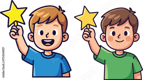 Cartoon boys holding yellow star wands, cheerful vector for magical play, childhood imagination, fantasy theme, happy kids, and creative character design