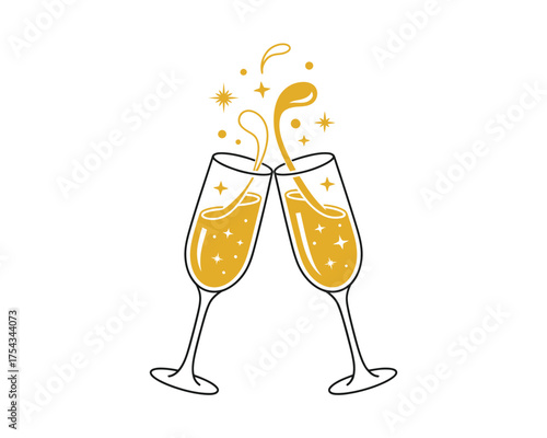 Two champagne glasses clinking together with bubbly liquid splashing