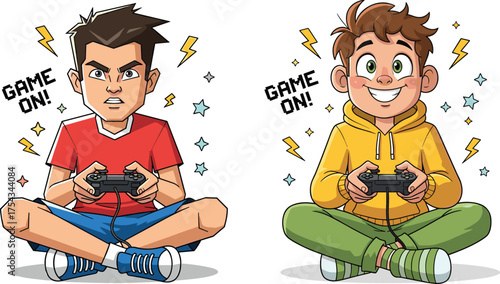 Cartoon boys playing video games, intense and cheerful expressions, game controllers, lightning effects, fun indoor activity, colorful outfits, competitive gaming moment