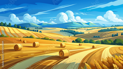 Very beautiful scenic view of a freshly cut winter wheat field near Raleigh, North Carolina, with golden straw bales scattered across the land beneath a soft, partly cloudy blue sky.