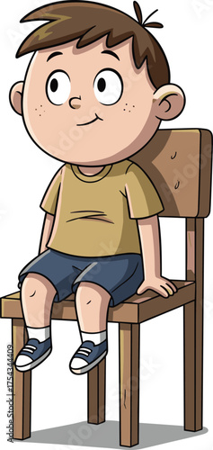 Cartoon child sitting on wooden chair, vector illustration showing calm posture, attentive behavior, preschool moment, indoor scene, and childhood character design