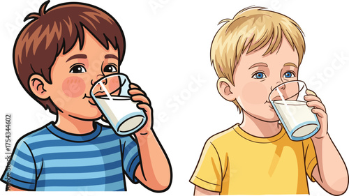 Cartoon children drinking milk, healthy habit illustration, nutrition for kids, joyful snack time, glass of milk, childhood wellness, colorful vector art