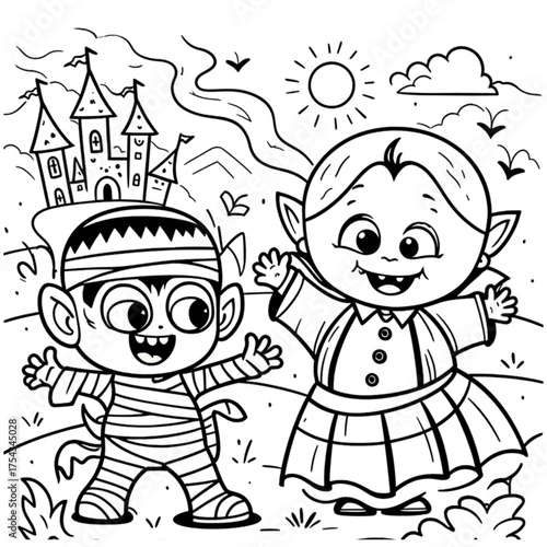 Halloween coloring book illustration set