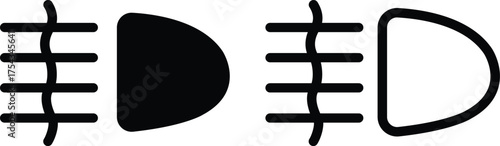 Light indicator dashboard icon set flat, outline styles with automotive car symbols, headlight beam signs, fog light, automatic lamp, dashboard interface vectors illustration black silhouette designs.
