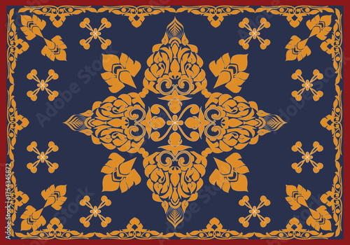An elegant rug pattern featuring golden floral and leaf motifs arranged symmetrically on a deep navy background, framed with intricate borders that evoke a sense of luxury and tradition.