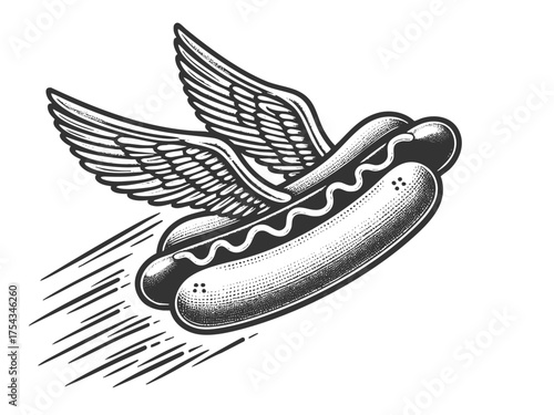 hot dog with wings, fast food, speed, or surreal culinary humor sketch engraving generative ai vector illustration. Scratch board imitation. Black and white image.