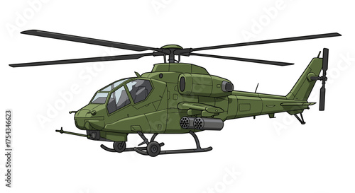 Army aviation combat helicopter gunship with mounted weapons. A detailed military aircraft illustration isolated on a white background