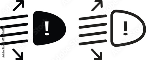 Light indicator dashboard icon set flat, outline styles with automotive car symbols, headlight beam signs, fog light, automatic lamp, dashboard interface vectors illustration black silhouette designs.