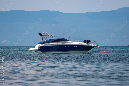 Lonely yaht at the shore of beautiful Greece island.