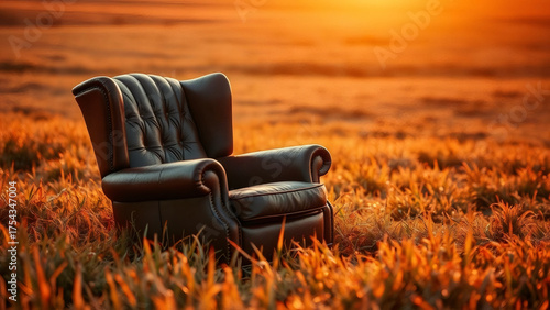 Black leather armchair sitting alone in a golden grassy field during sunset