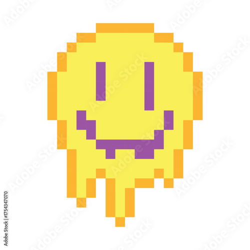 Melting Pixel Smiley Face Isolated Vector Illustration. This vector illustration captures a playful, retro aesthetic in digital art style