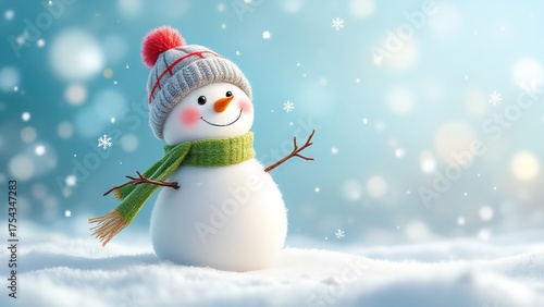 A cheerful snowman wearing a knitted hat and scarf, standing in a snowy landscape with soft falling snowflakes and bokeh lights