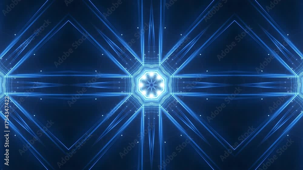Abstract blue geometric pattern kaleidoscope background with glowing light effect