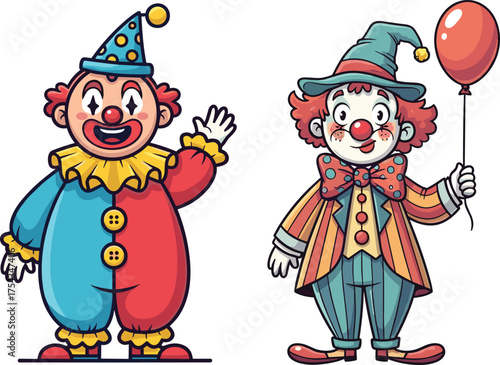 Cartoon clowns vector illustration, colorful circus characters, cheerful entertainers, party theme, vintage and modern clown outfit, red balloon, playful expression
