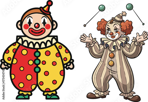 Cartoon clowns vector illustration, colorful and vintage clown styles, cheerful entertainers, circus theme, playful costume design, smiling faces, whimsical character art