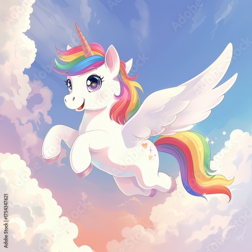 Unicorn in the Sky with Clouds – Whimsical Fantasy Illustration for Kids and Dreamy Designs